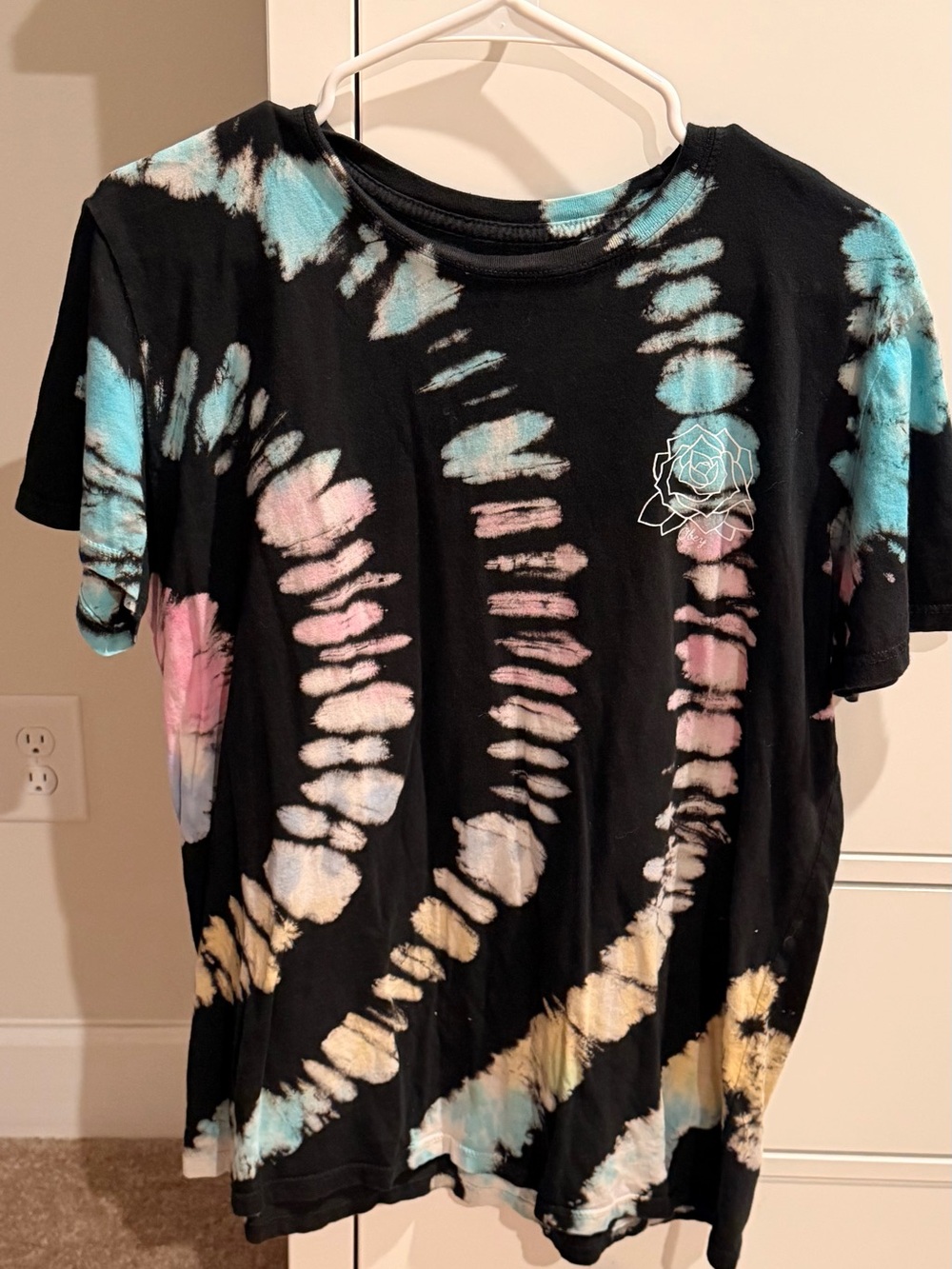 Obey Black Tie-Dye Crewneck Tee with Pastel Blue Pink and Cream Accents